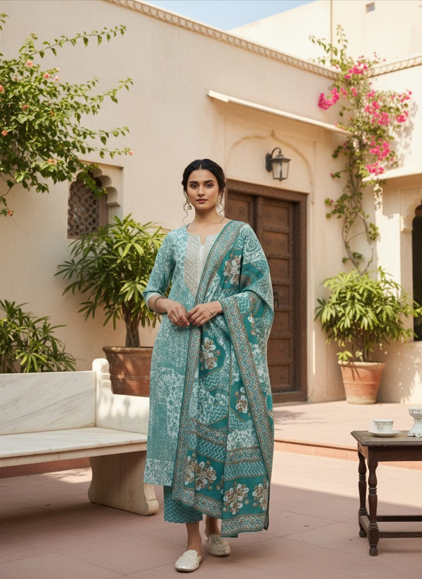 Blue Yoke Design Silk Blend Straight Kurta With Trousers & Dupatta