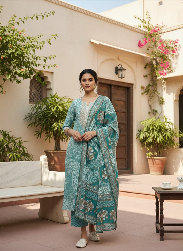 Blue Yoke Design Silk Blend Straight Kurta With Trousers & Dupatta