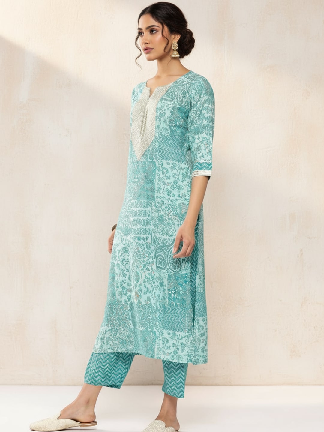 Blue Yoke Design Silk Blend Straight Kurta With Trousers & Dupatta