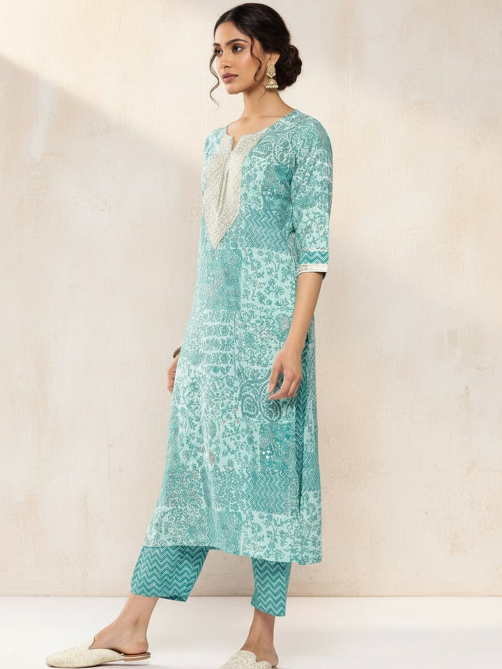 Blue Yoke Design Silk Blend Straight Kurta With Trousers & Dupatta