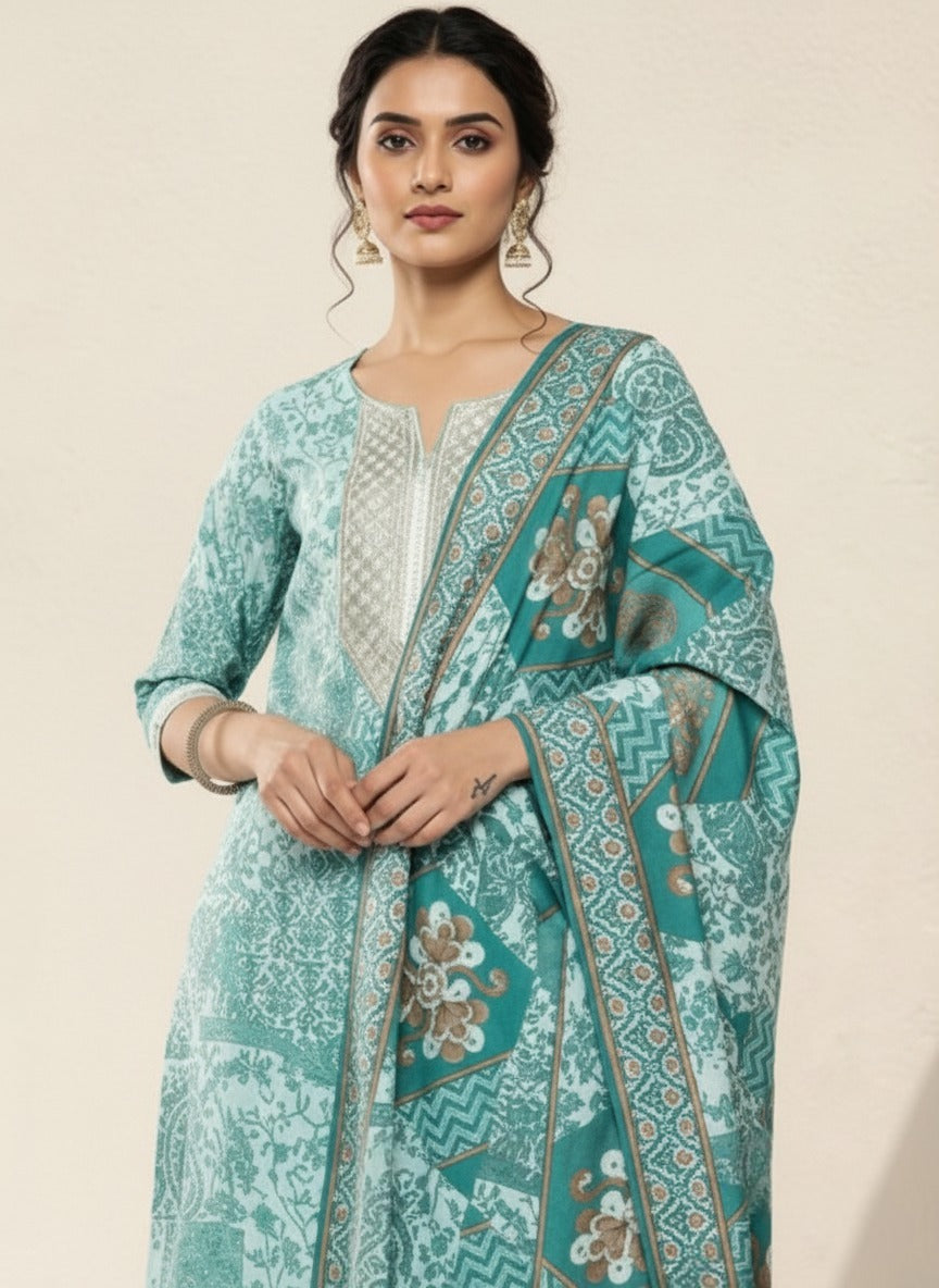 Blue Yoke Design Silk Blend Straight Kurta With Trousers & Dupatta