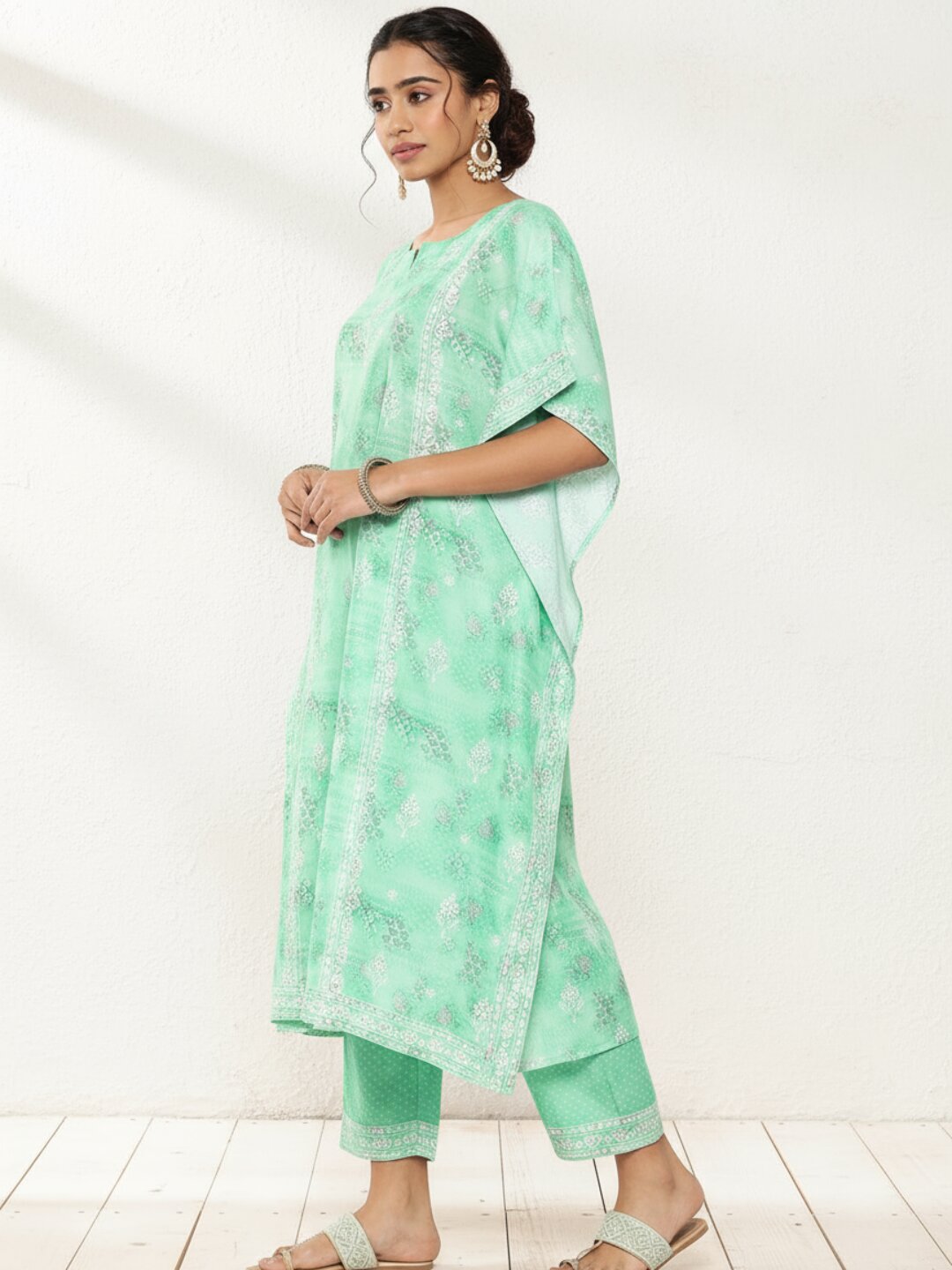 Sea Green Printed Silk Blend Kaftan Kurta With Trousers