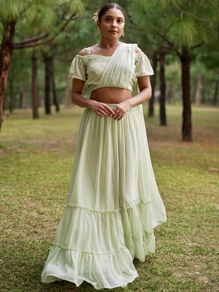 Green Embellished Georgette Lehenga Choli - ShopLibas