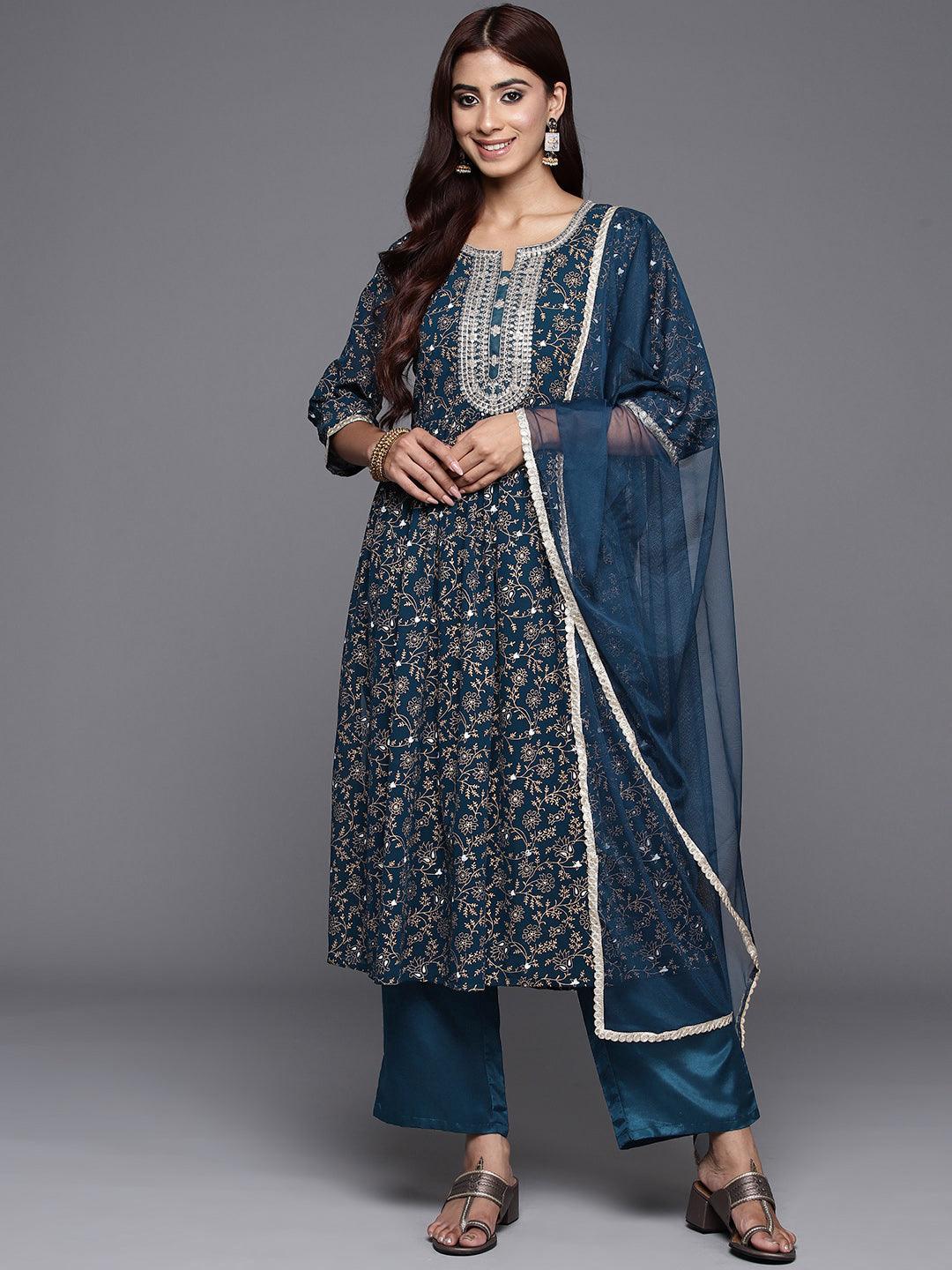 Teal Yoke Design Georgette A-Line Suit Set With Trousers - ShopLibas 
