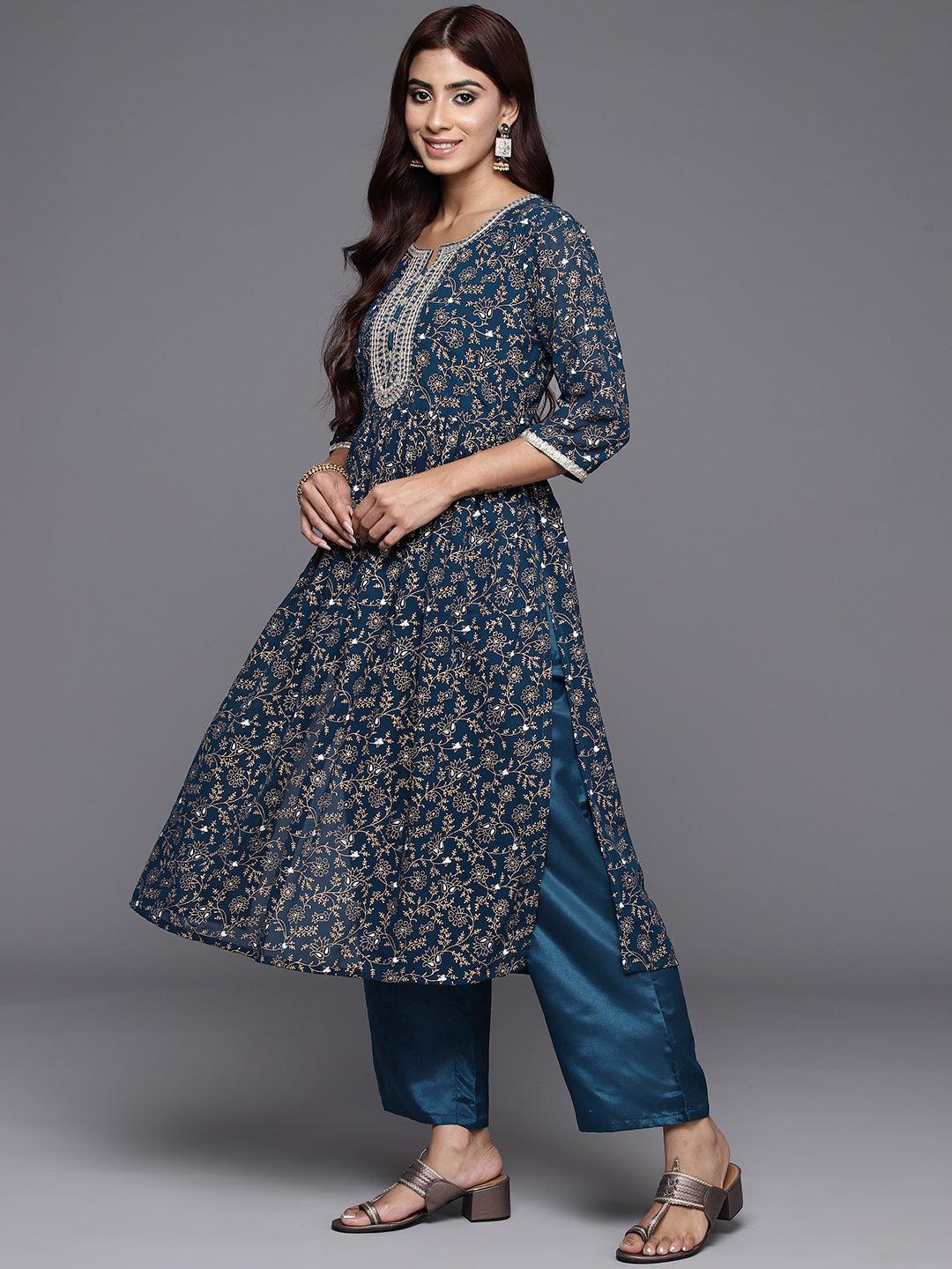 Teal Yoke Design Georgette A-Line Suit Set With Trousers - ShopLibas 