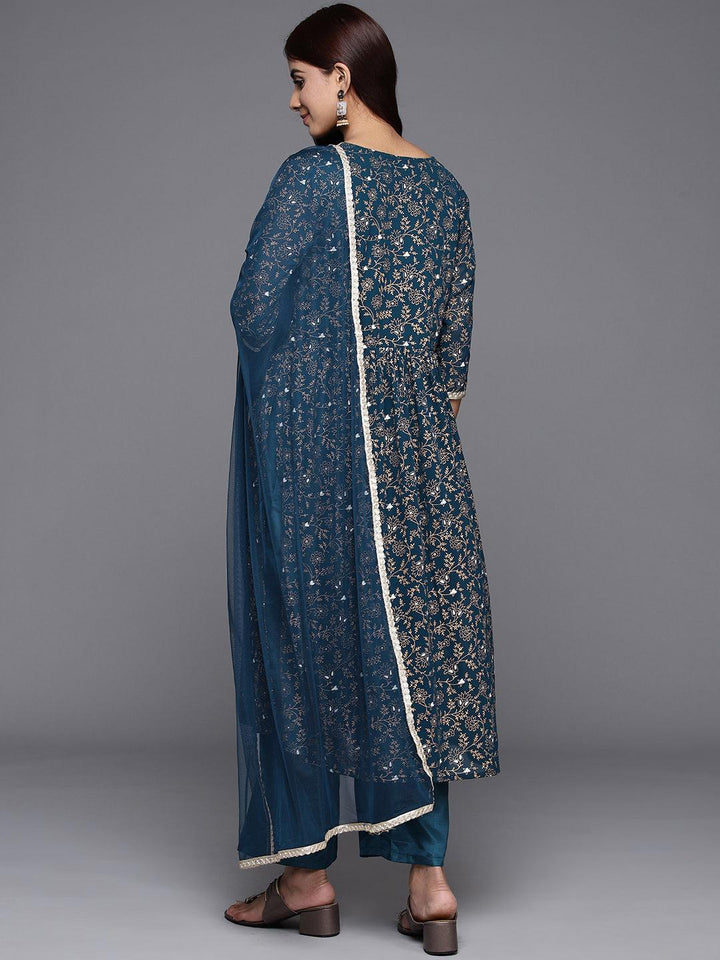 Teal Yoke Design Georgette A-Line Suit Set With Trousers