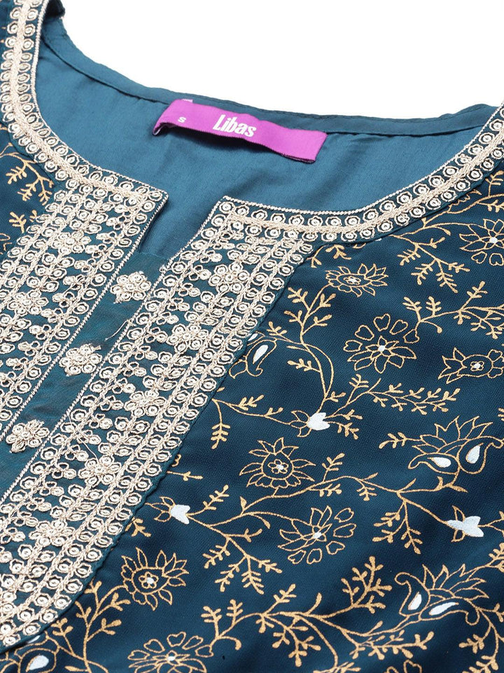 Teal Yoke Design Georgette A-Line Suit Set With Trousers