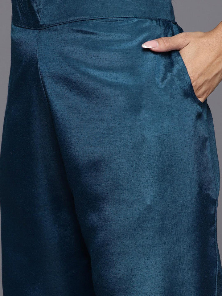 Teal Yoke Design Georgette A-Line Suit Set With Trousers