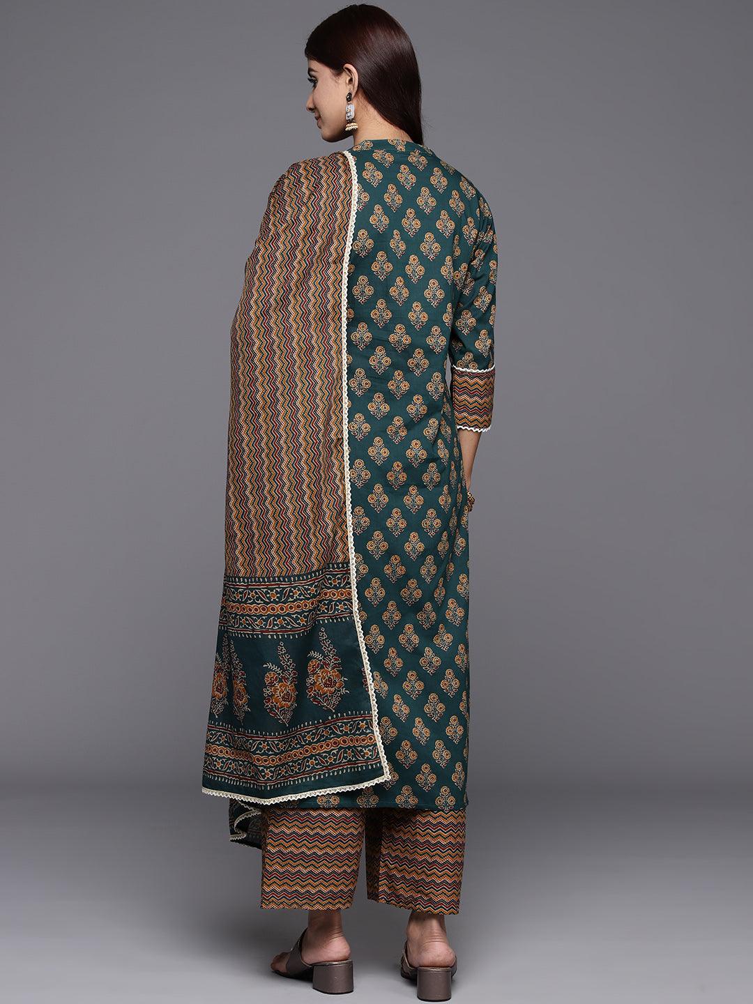 Green Printed Cotton Straight Kurta With Palazzos & Dupatta - ShopLibas 