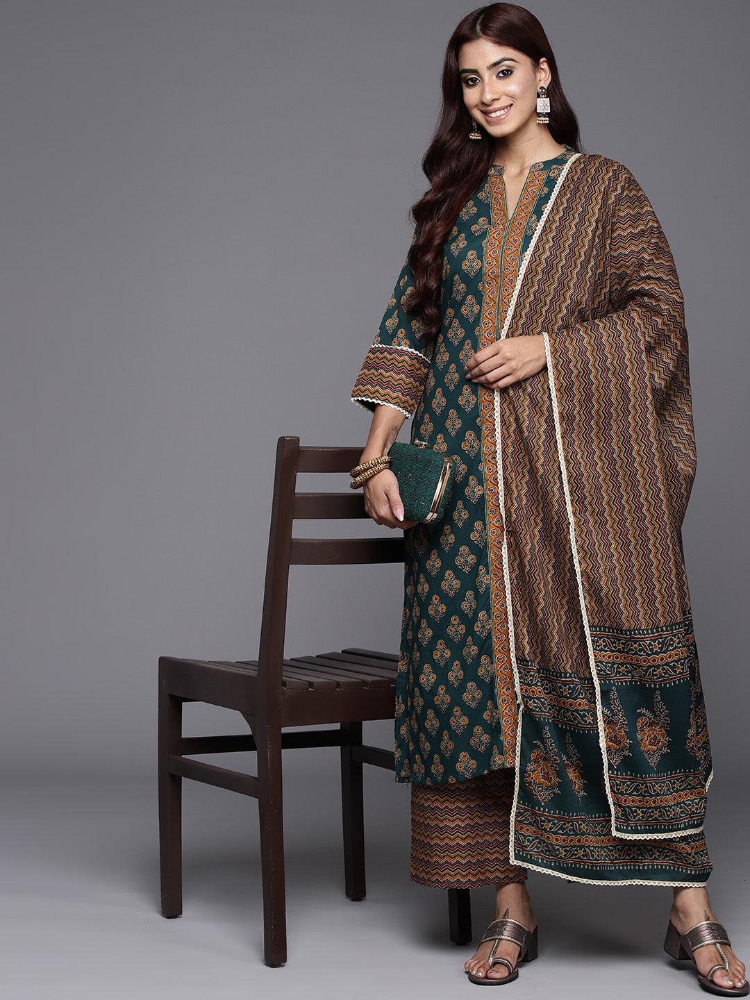 Green Printed Cotton Straight Kurta With Palazzos & Dupatta - ShopLibas