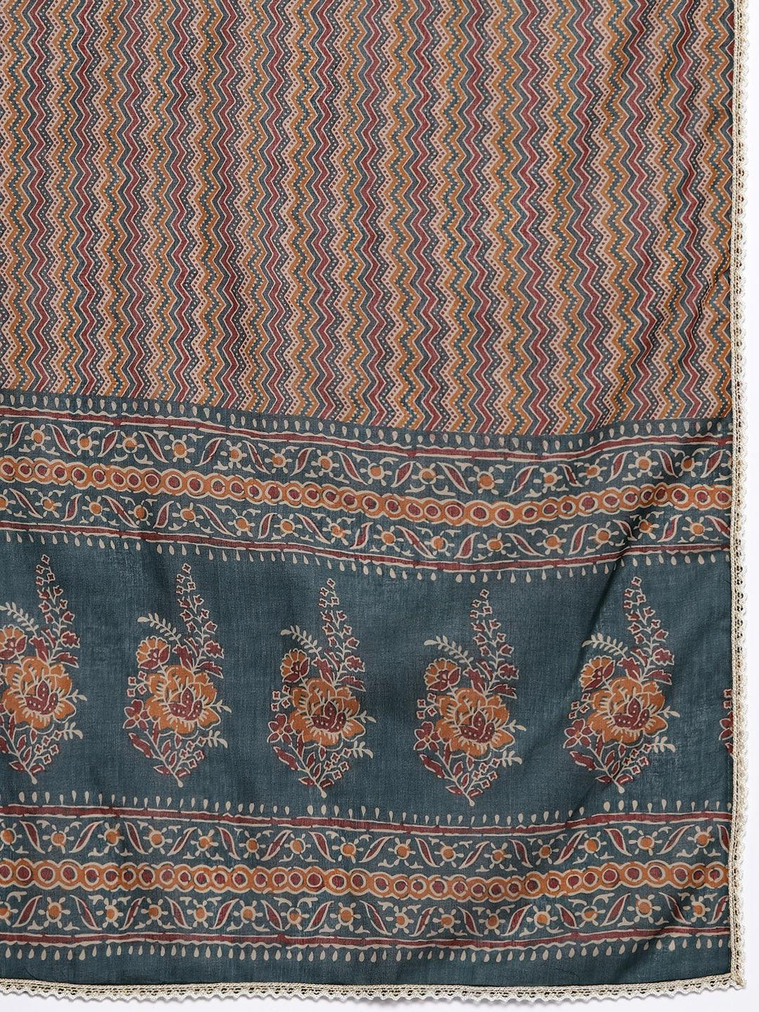 Green Printed Cotton Straight Kurta With Palazzos & Dupatta - ShopLibas 