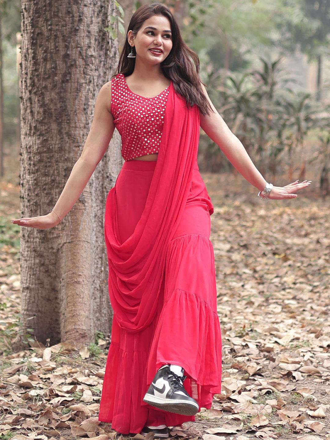 Pink Embellished Georgette Ready to Wear Saree - ShopLibas