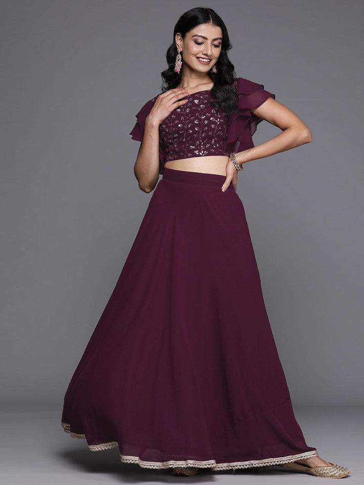 Wine Embroidered Georgette Lehenga Set