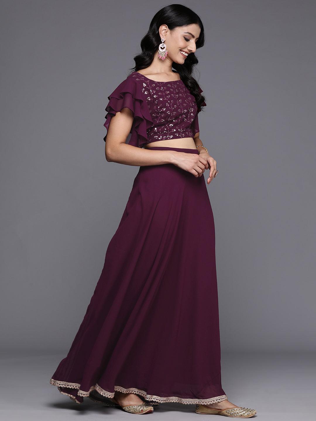 Wine Embroidered Georgette Lehenga Set - ShopLibas 
