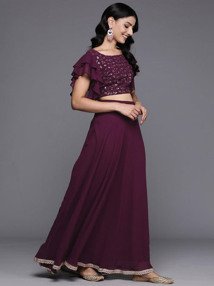 Wine Embroidered Georgette Lehenga Set