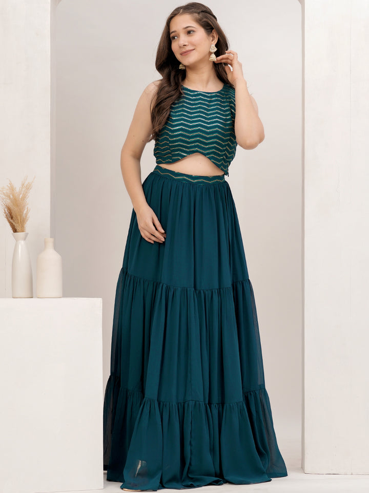 Blue Embroidered Georgette Lehenga Set