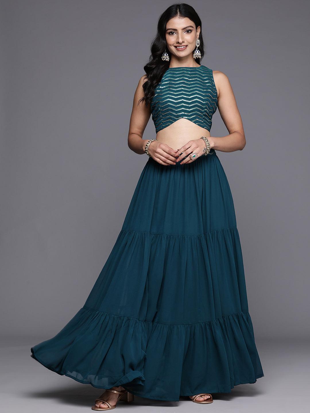 Blue Embroidered Georgette Lehenga Set - ShopLibas 