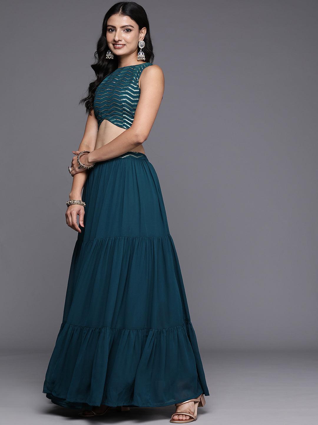 Blue Embroidered Georgette Lehenga Set - ShopLibas 