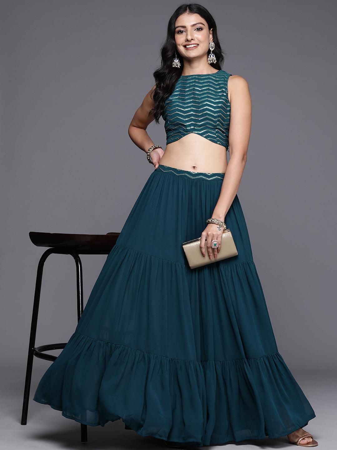 Blue Embroidered Georgette Lehenga Set - ShopLibas 