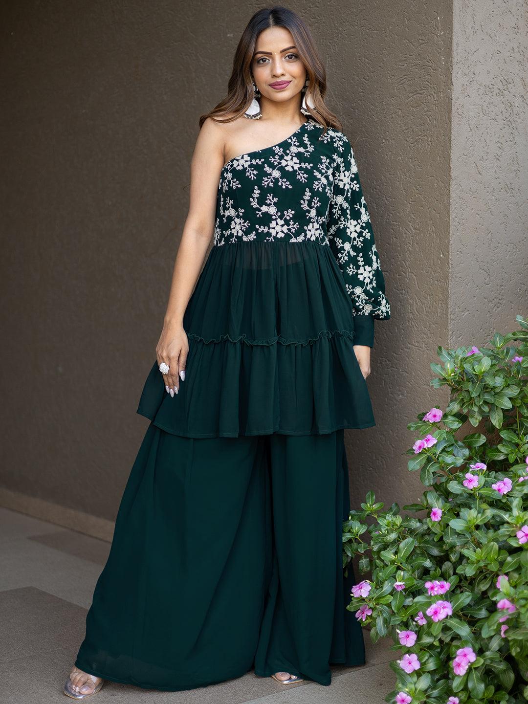 Green Embellished Georgette Tunic With Palazzos - ShopLibas 