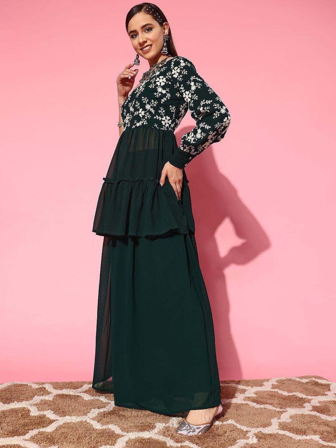 Green Embellished Georgette Tunic With Palazzos - ShopLibas 