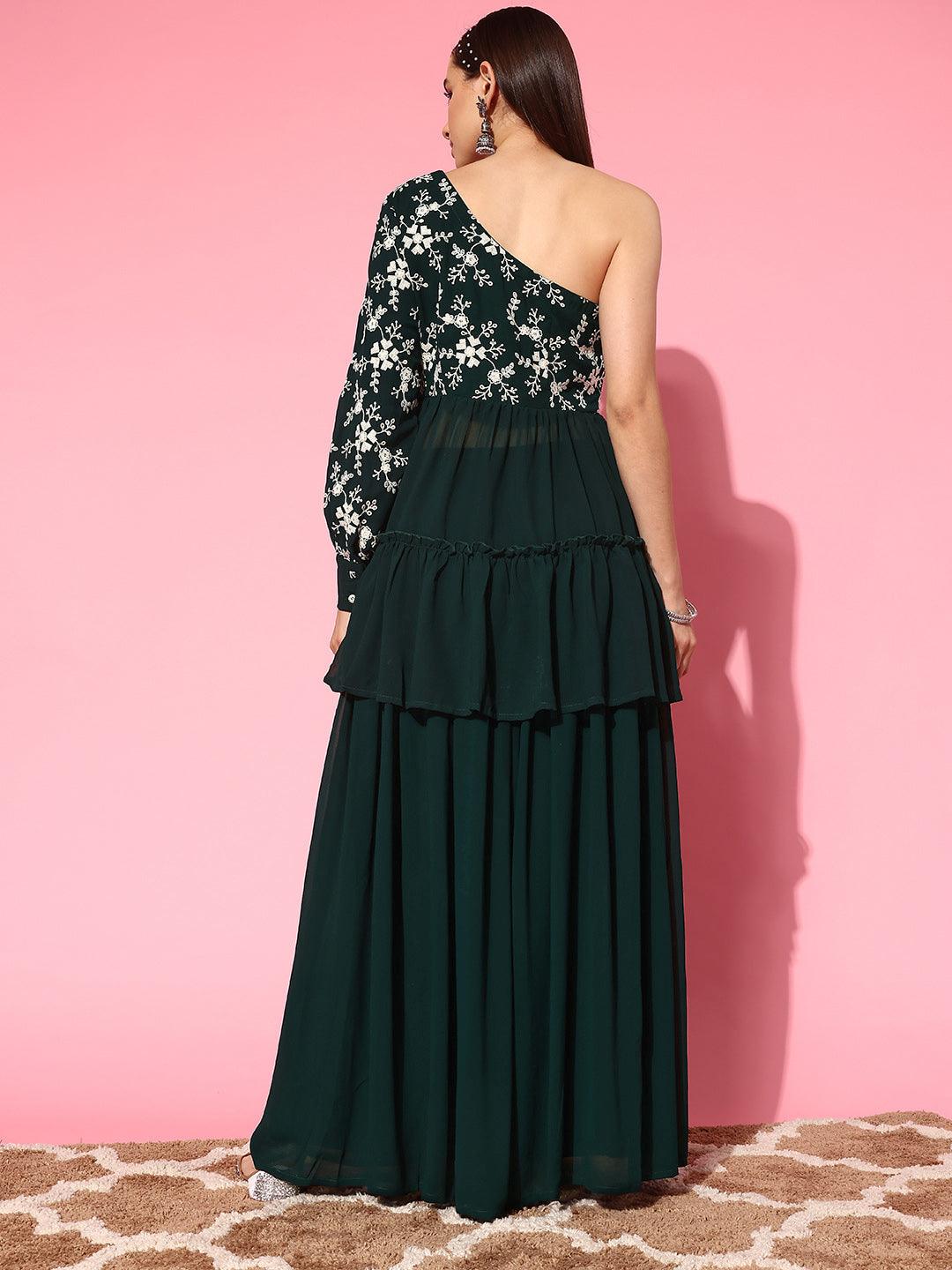 Green Embellished Georgette Tunic With Palazzos - ShopLibas 