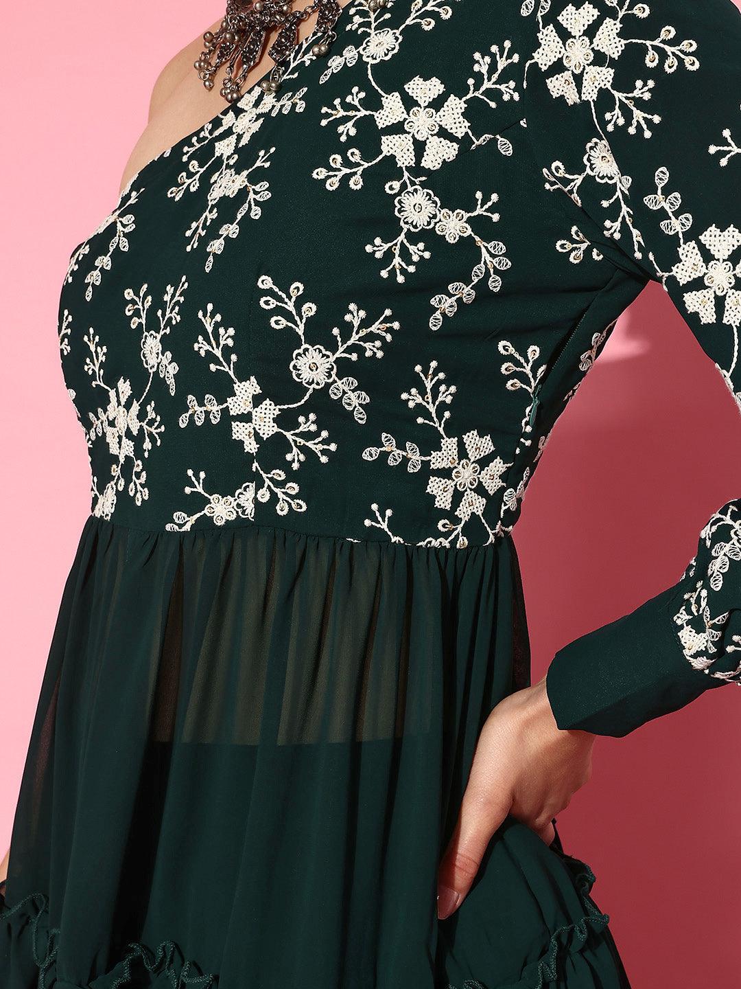 Green Embellished Georgette Tunic With Palazzos - ShopLibas 