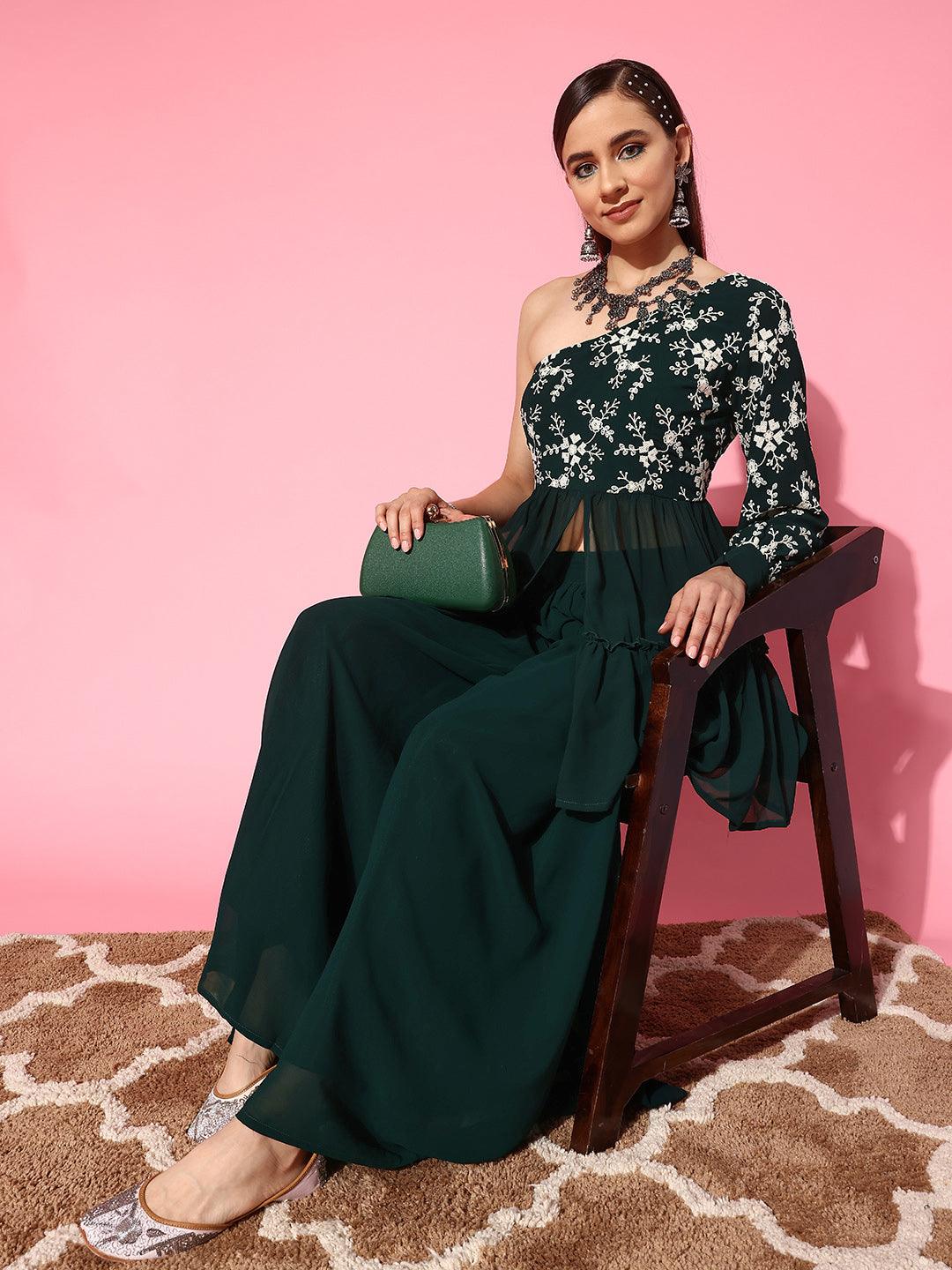 Green Embellished Georgette Tunic With Palazzos - ShopLibas 
