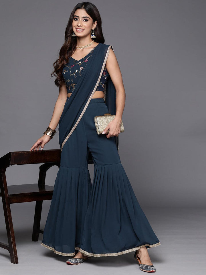 Blue Embellished Georgette Stitched Saree - ShopLibas