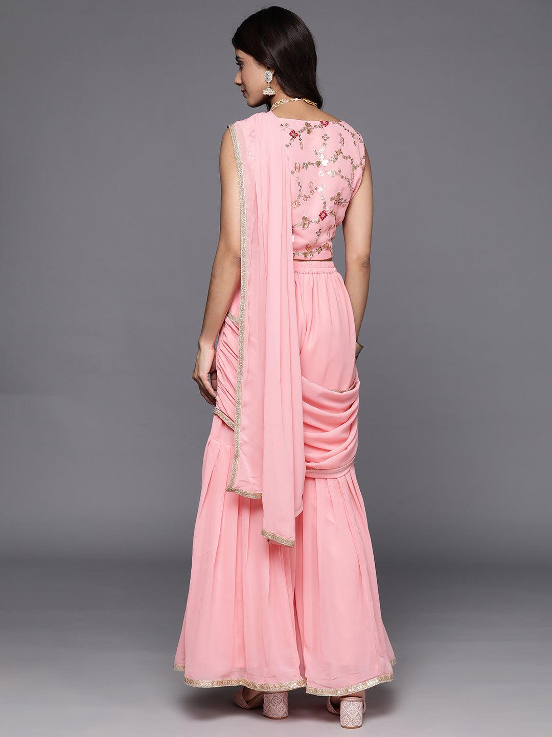 Pink Embellished Georgette Stitched Saree - ShopLibas