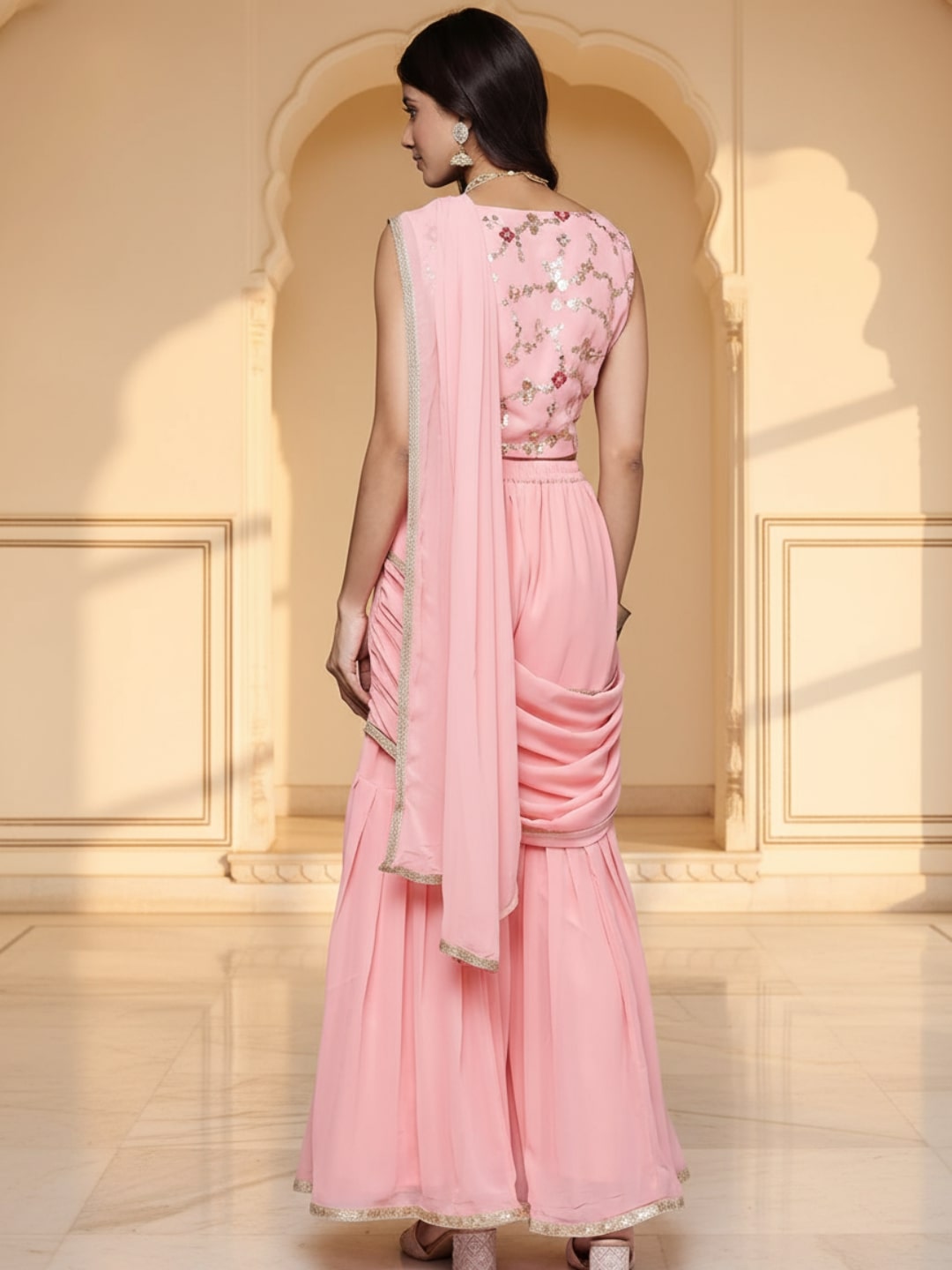 Pink Embellished Georgette Stitched Saree
