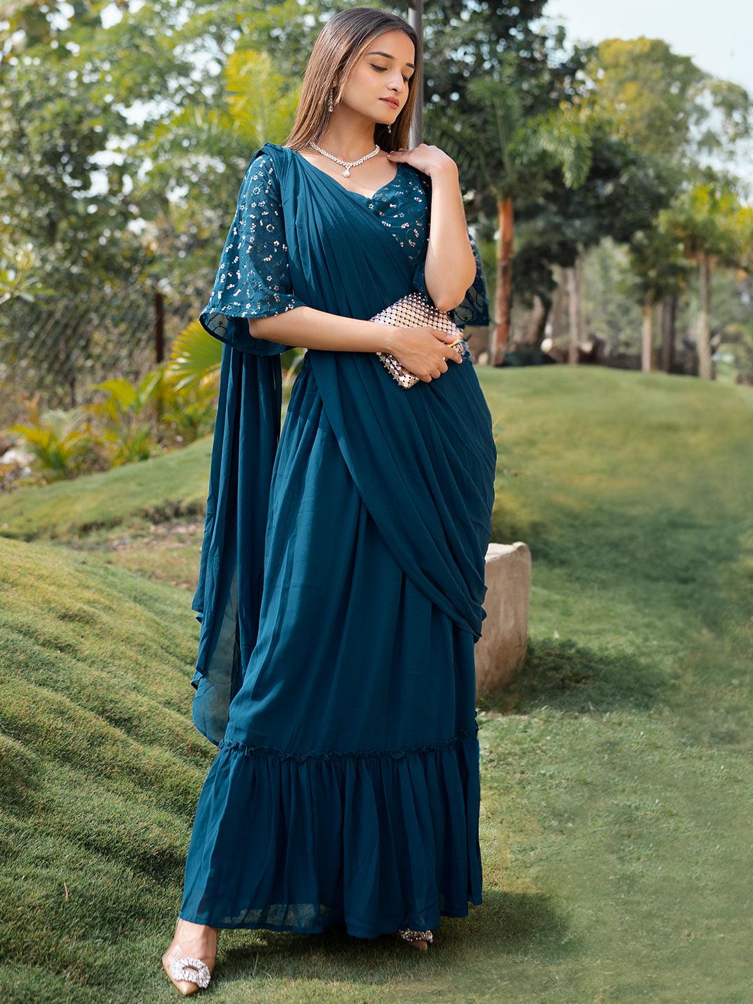 Blue Embroidered Georgette Saree - ShopLibas