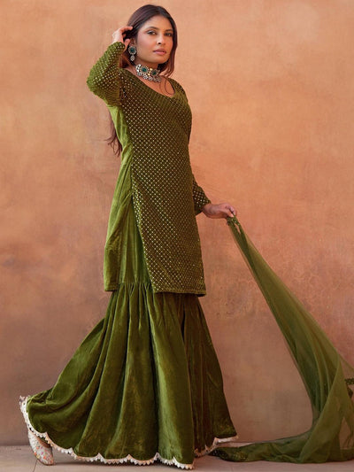 Olive Green Embroidered Velvet Straight Kurta With Sharara & Dupatta - ShopLibas