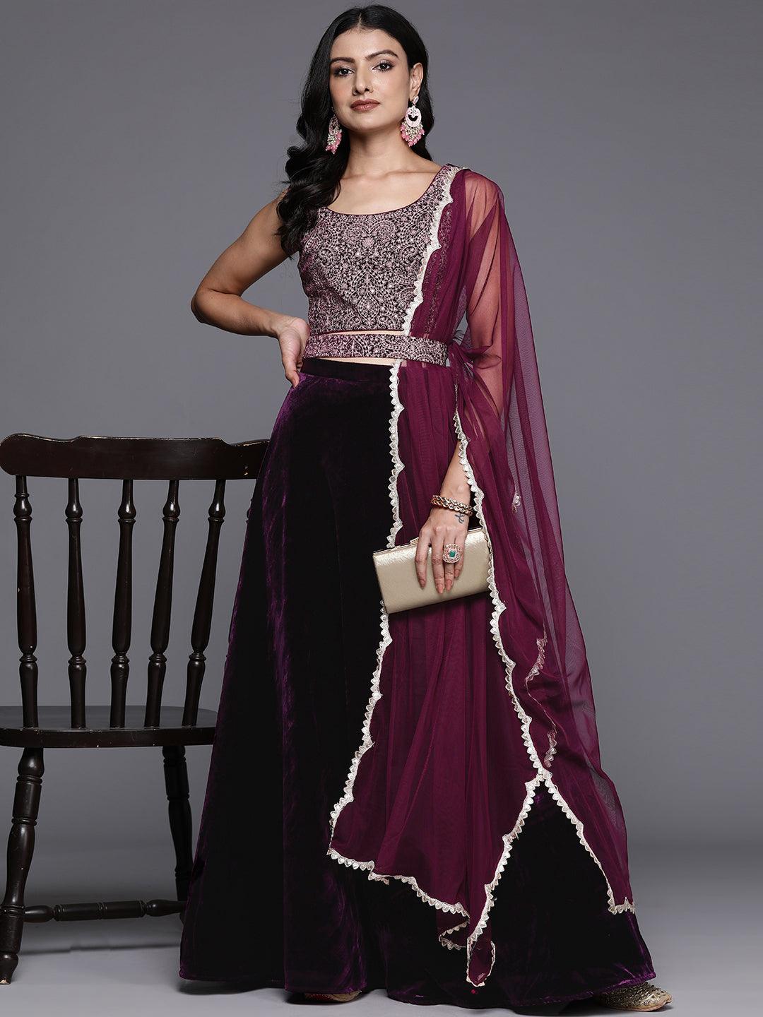 Wine Embroidered Velvet Lehenga Set - ShopLibas 