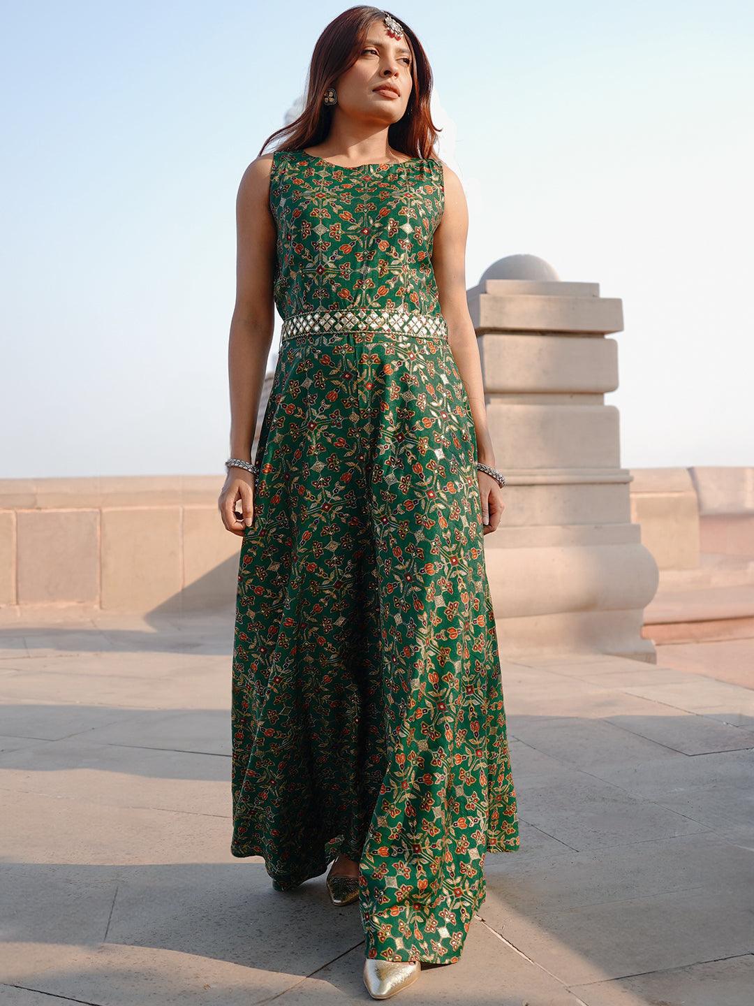 Green Printed Silk Blend Jumpsuit With belt - ShopLibas