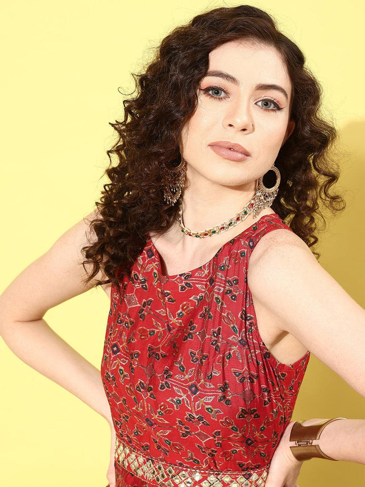 Red Printed Silk Blend Jumpsuit With Belt - ShopLibas