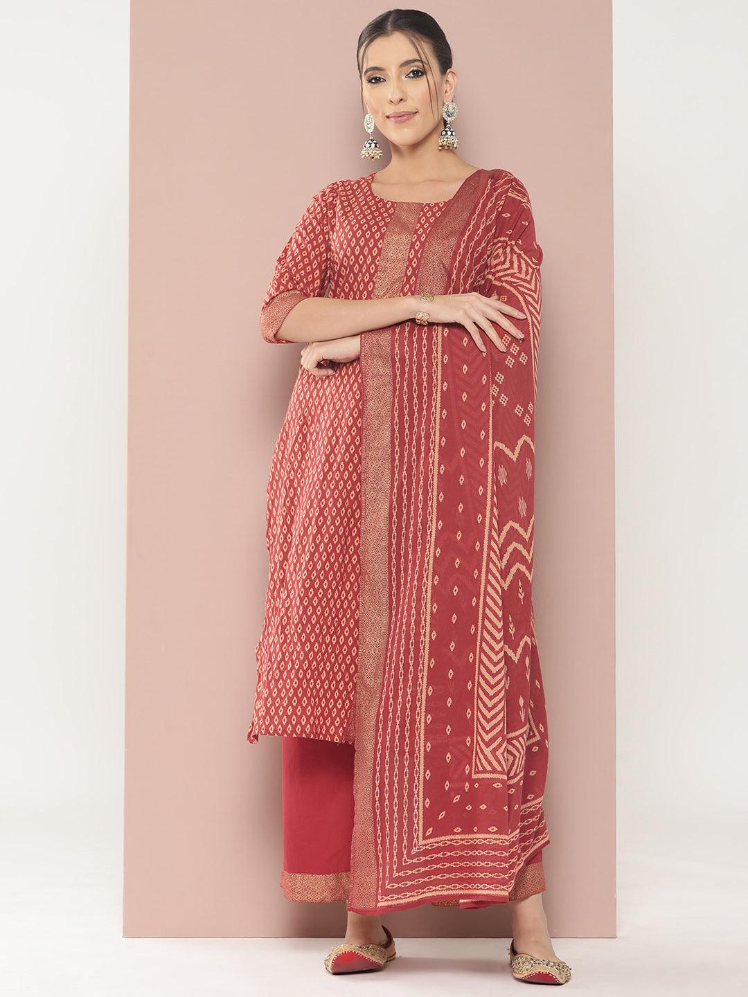 Maroon Printed Cotton Straight Kurta With Palazzos & Dupatta - ShopLibas 