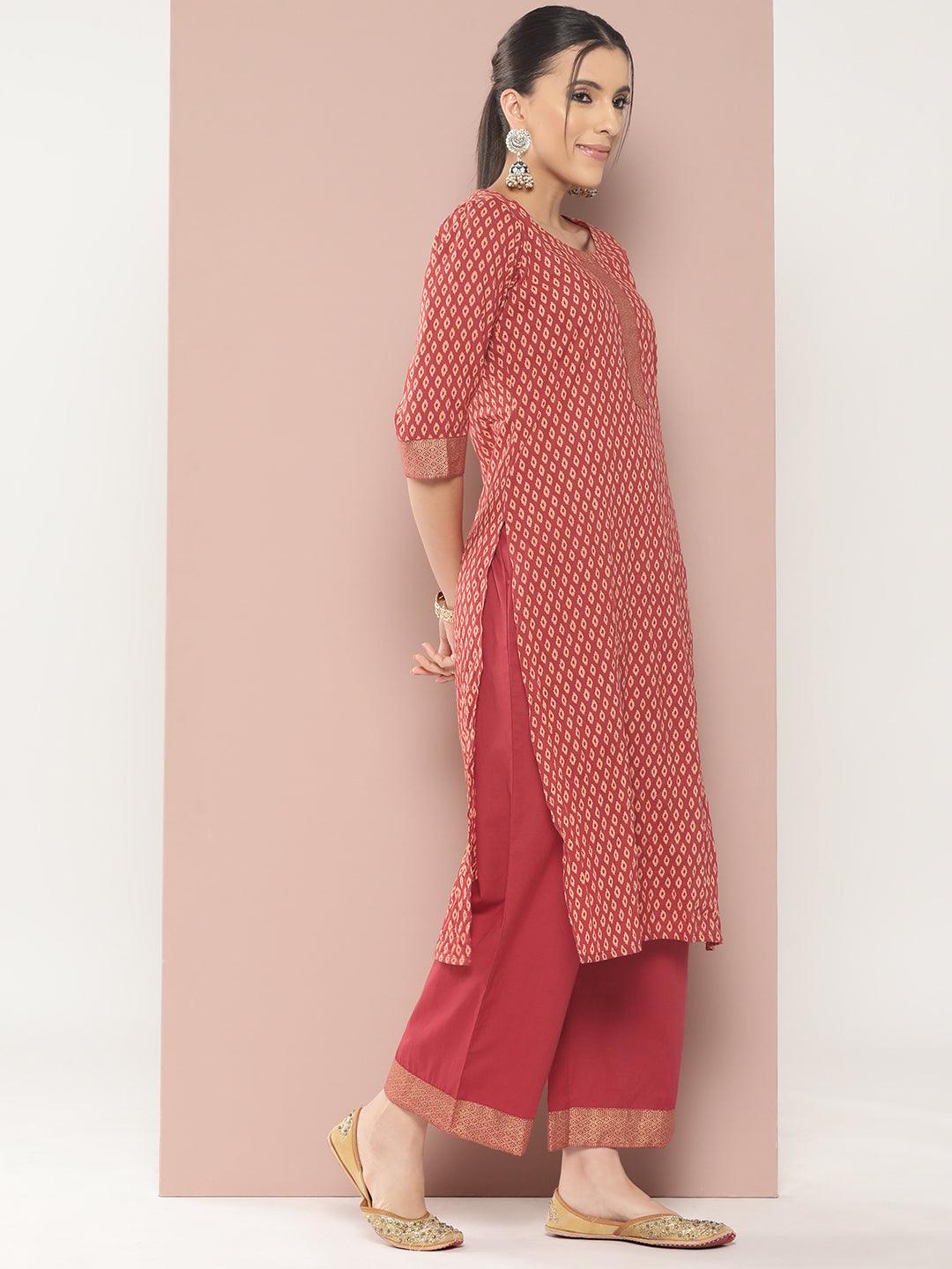 Maroon Printed Cotton Straight Kurta With Palazzos & Dupatta - ShopLibas 