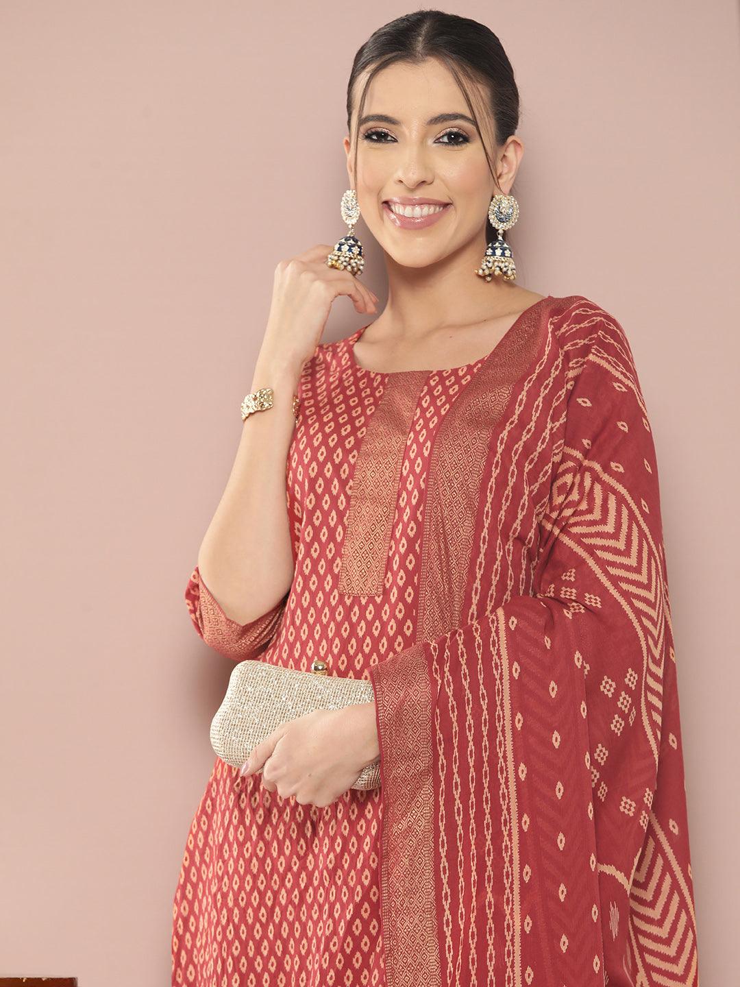 Maroon Printed Cotton Straight Kurta With Palazzos & Dupatta - ShopLibas 