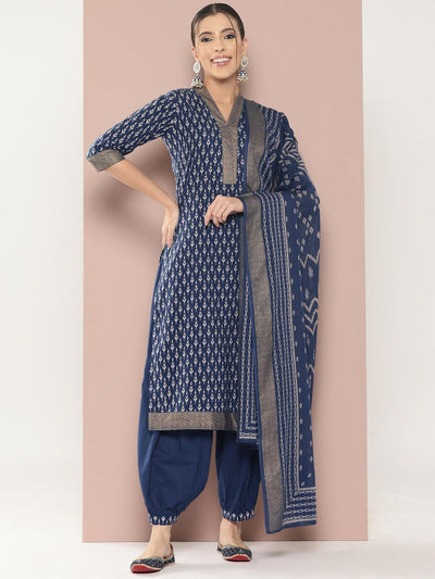 Blue Printed Cotton Straight Kurta With Salwar & Dupatta - ShopLibas