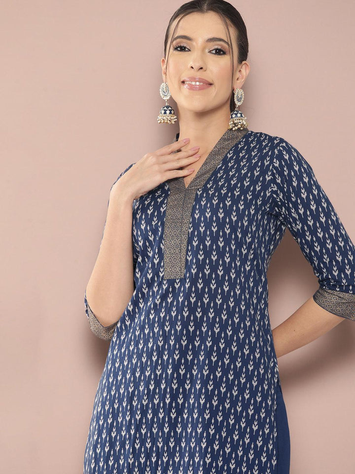 Blue Printed Cotton Straight Kurta With Salwar & Dupatta - ShopLibas