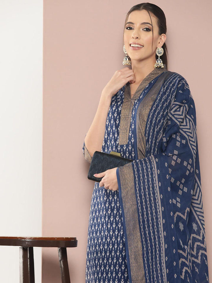 Blue Printed Cotton Straight Kurta With Salwar & Dupatta - ShopLibas