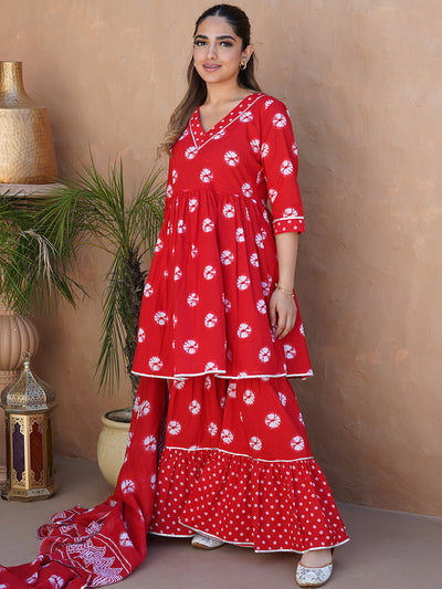 Red Printed Cotton A-Line Kurti With Sharara & Dupatta