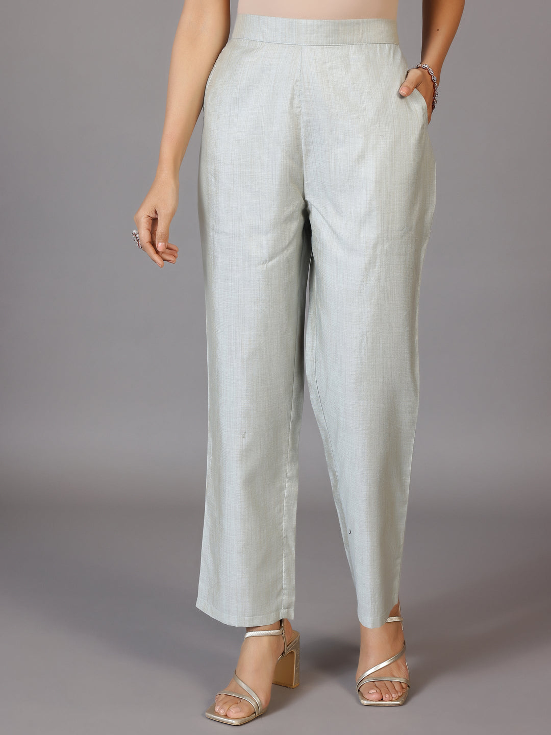 Grey Yoke Design Chanderi Silk Straight Kurta With Trousers & Dupatta