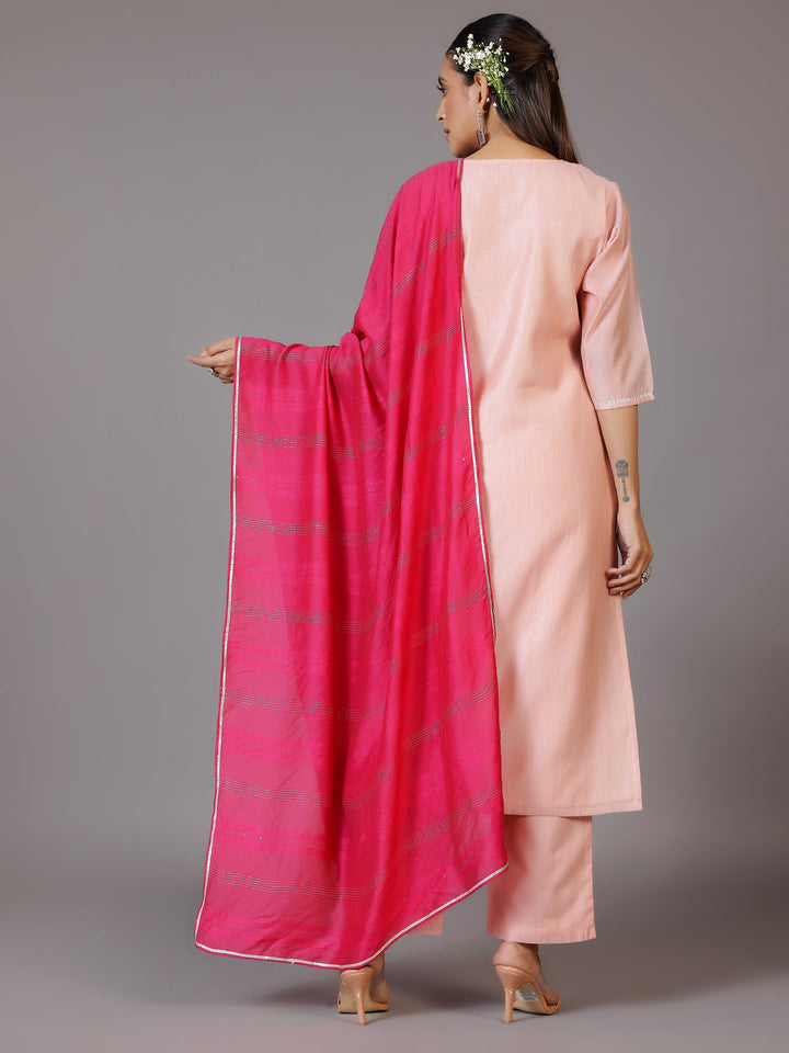 Pink Yoke Design Chanderi Silk Straight Kurta With Trousers & Dupatta