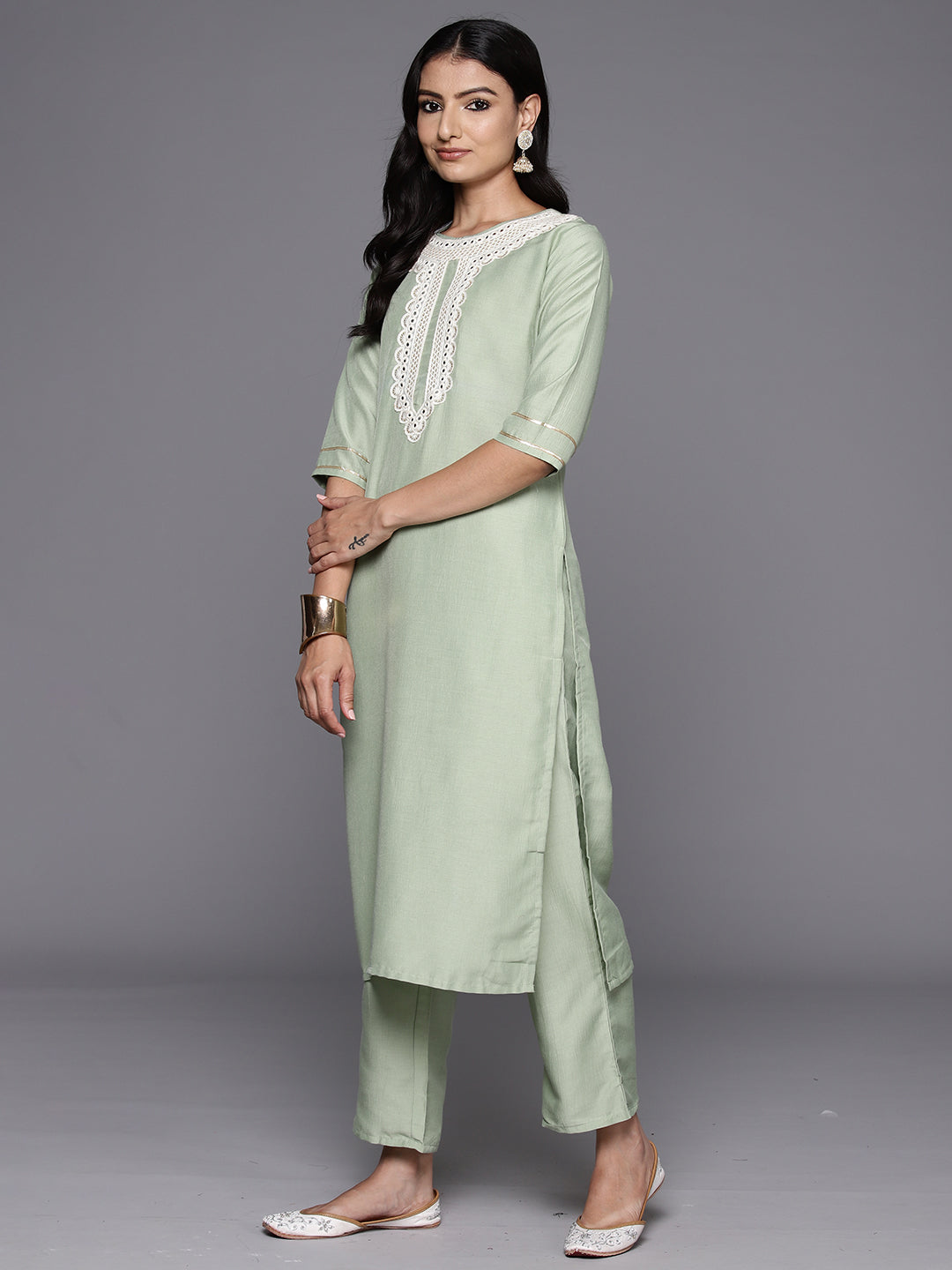Green Yoke Design Silk Blend Straight Suit With Dupatta