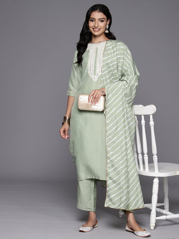 Green Yoke Design Silk Blend Straight Suit With Dupatta