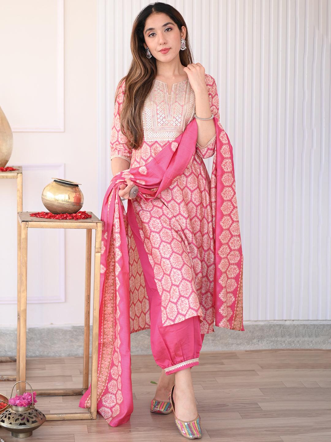 Pink Printed Silk Blend Straight Kurta With Salwar & Dupatta - ShopLibas