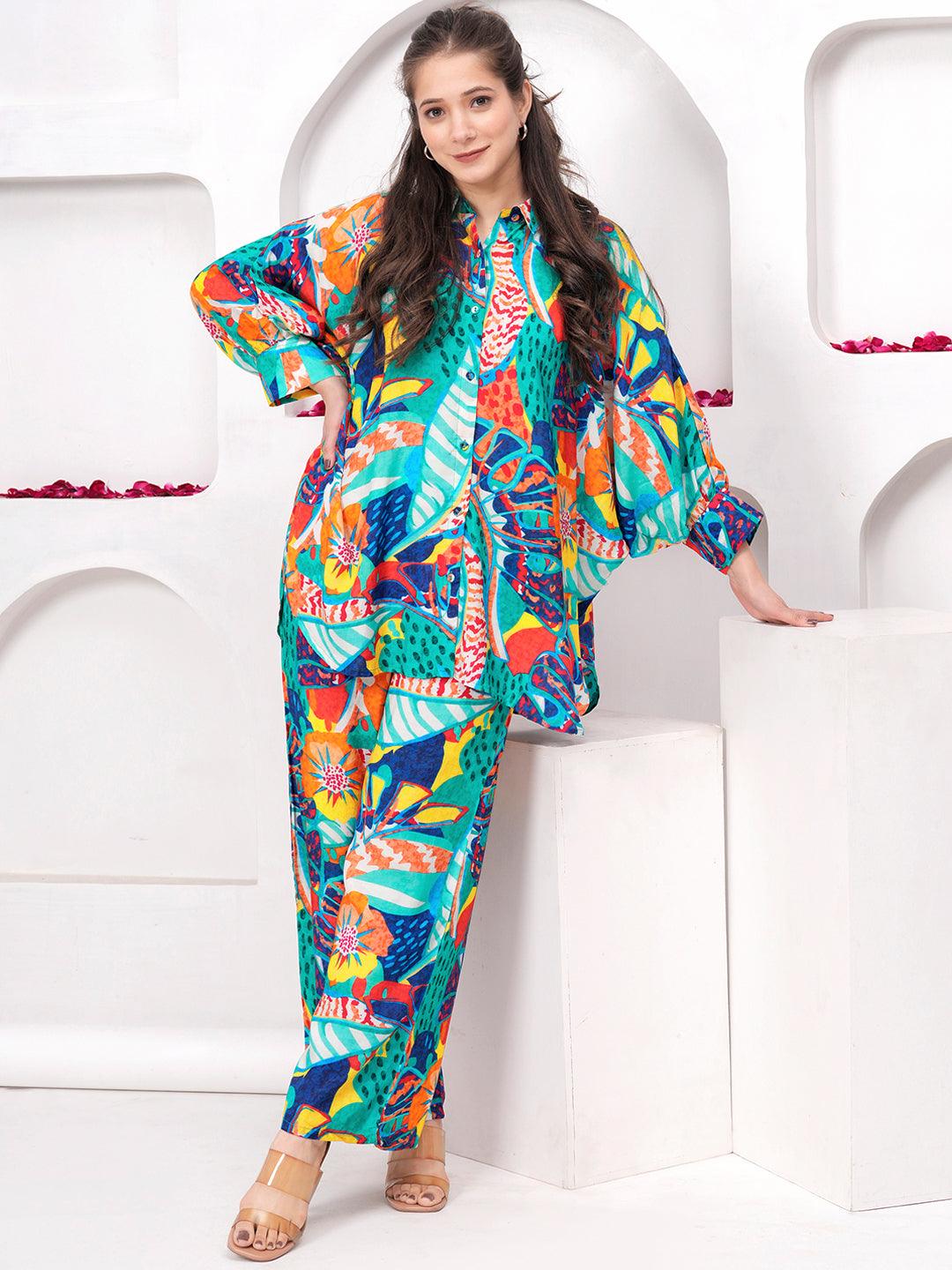 Multicoloured Printed Cotton Blend Shirt With Palazzos - ShopLibas
