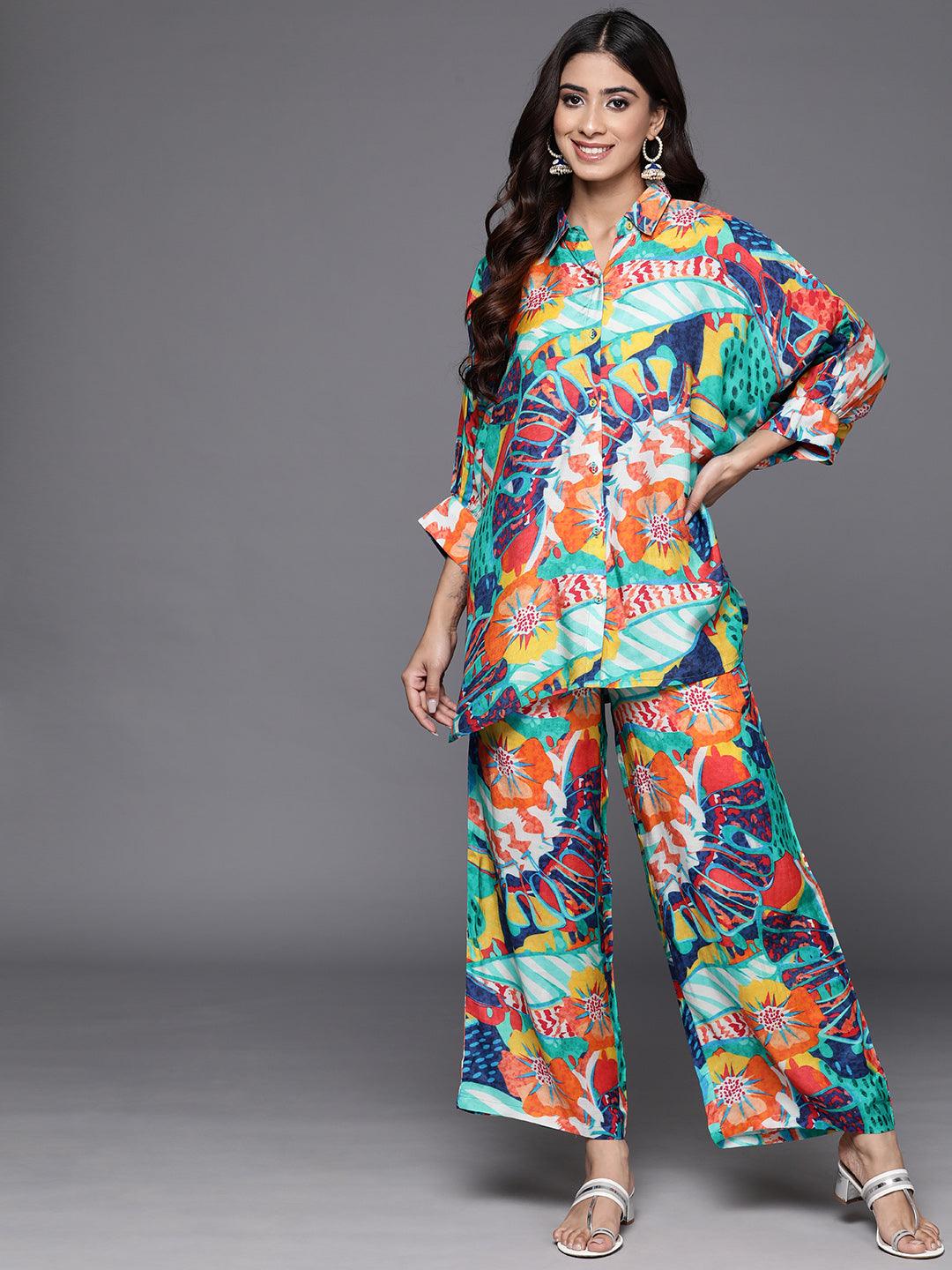 Multicoloured Printed Cotton Blend Shirt With Palazzos - ShopLibas 
